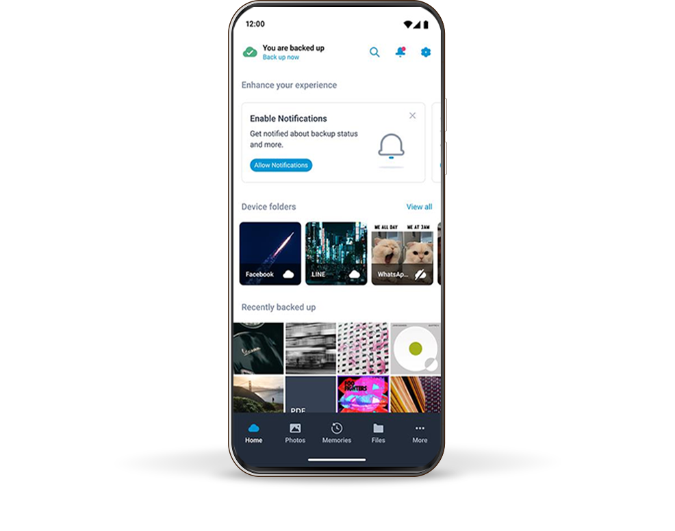 Personal Cloud home screen, showing automatic backup status and recently backed up photos