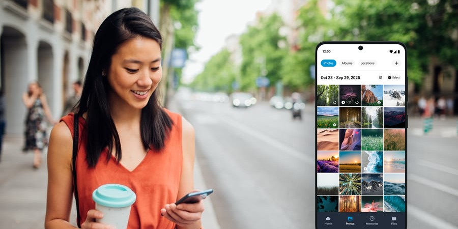 A woman on a city street beside the Globe Cloud app showing her albums